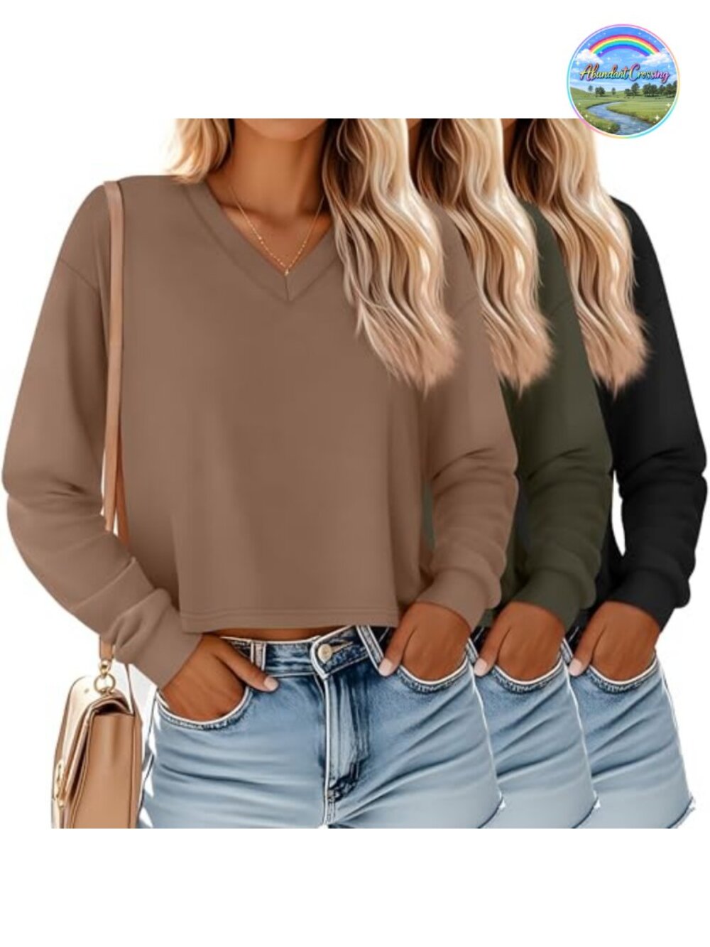 3 Pack Women's V Neck Crop Tops Oversized Cropped Long Sleeve Tees